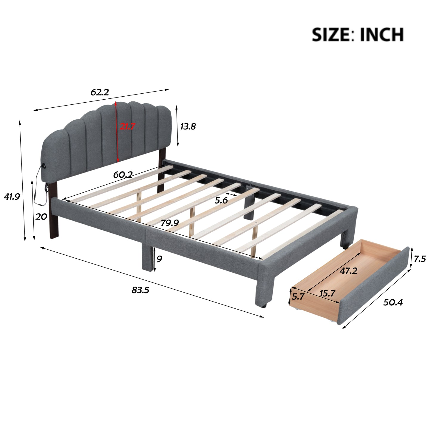 Gray fabric bed frame with scalloped headboard and builtin storage drawer dimensions shown