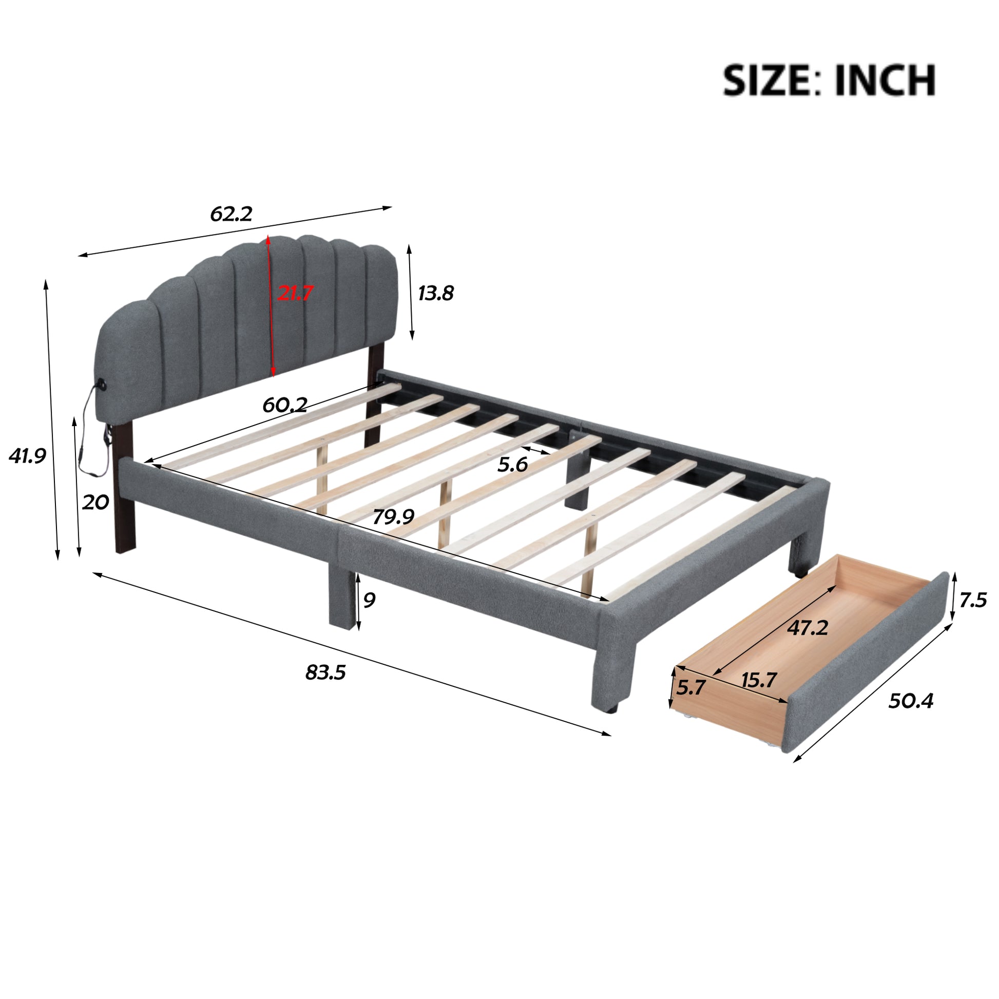 Gray fabric bed frame with scalloped headboard and builtin storage drawer dimensions shown