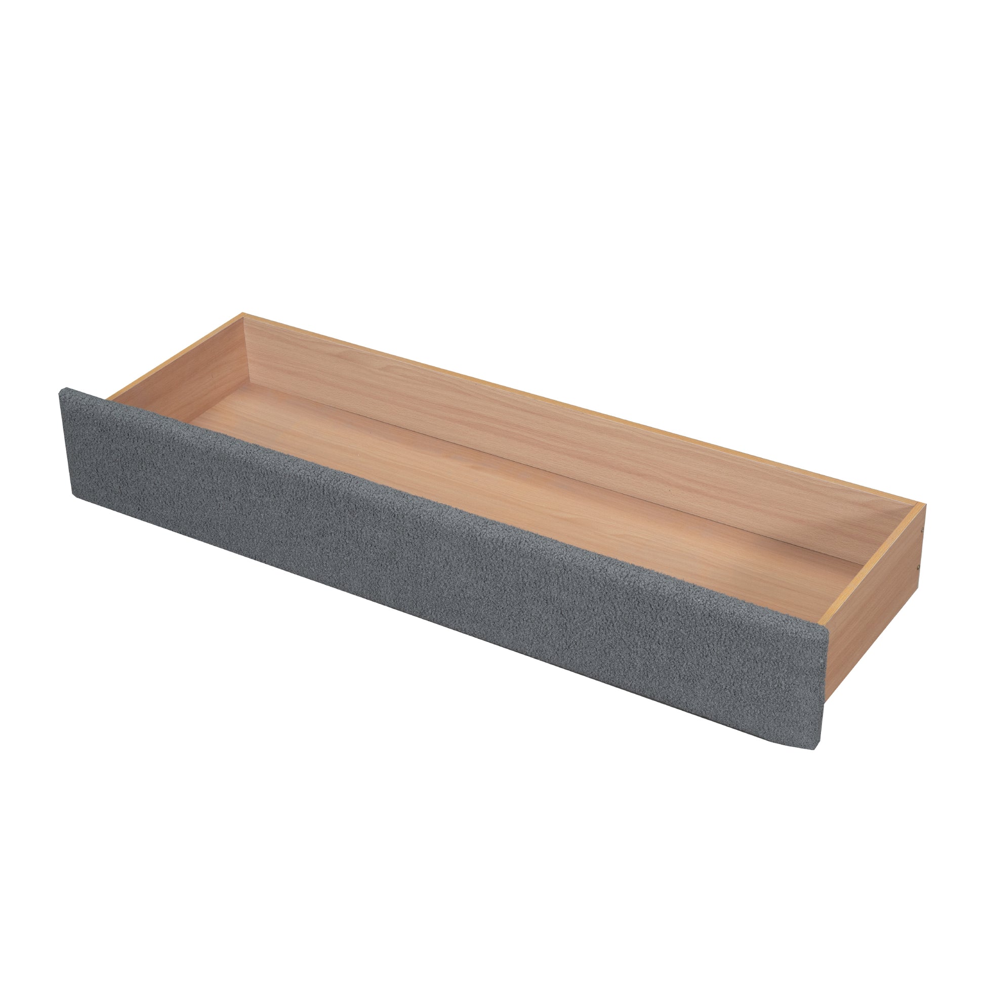 Gray fabric upholstered bed drawer with wood interior