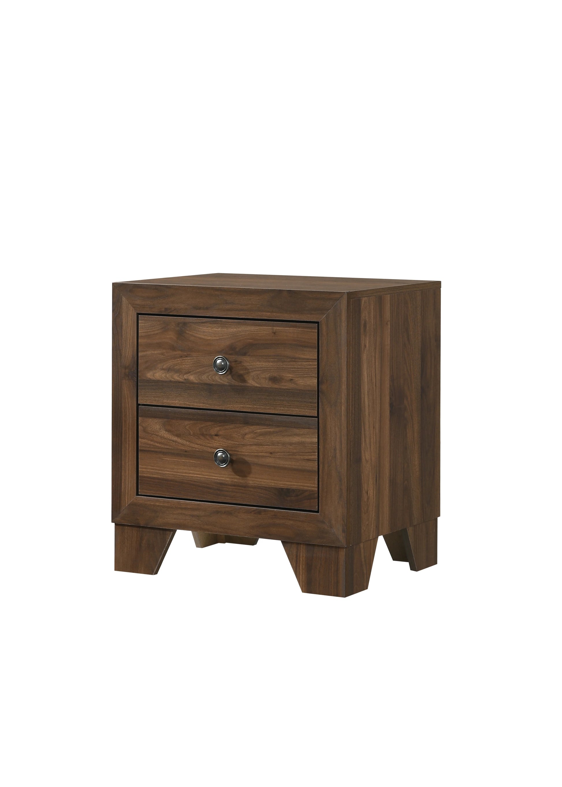 Walnut wood twodrawer nightstand with silver knobs and tapered legs