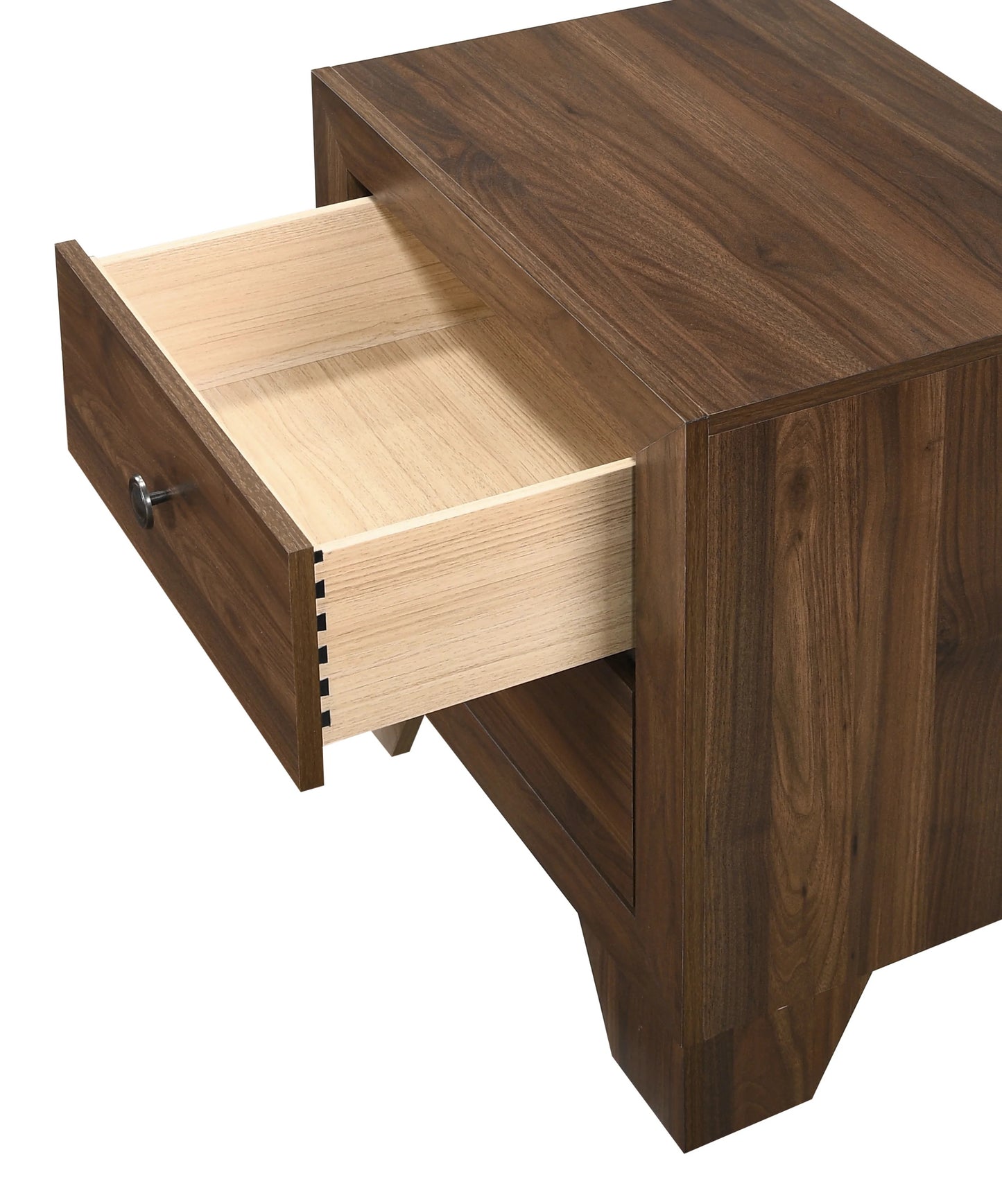 Dark wood bedside table with one open drawer showing light wood interior and a silver knob