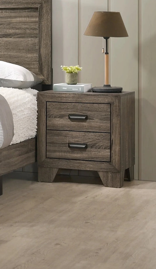 Dark wood twodrawer nightstand with black metal handles