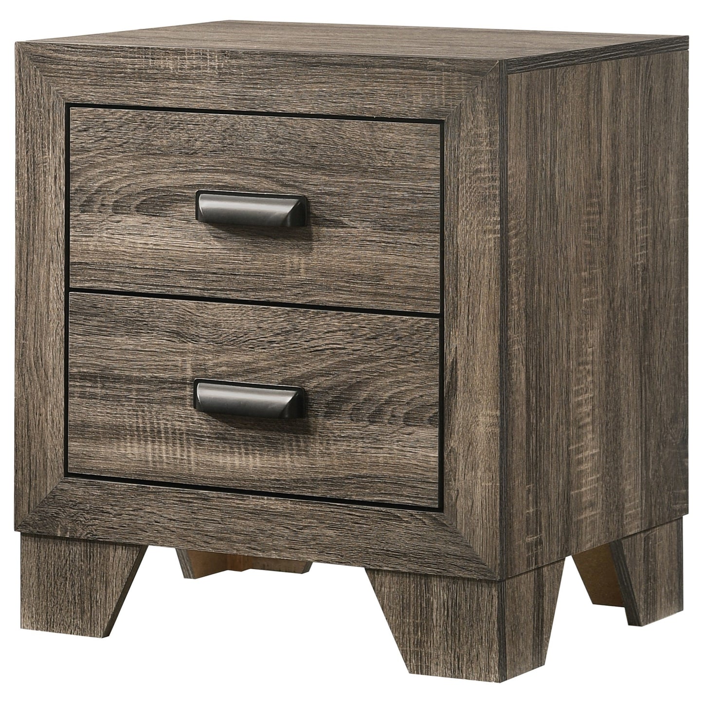 Rustic oak wood nightstand with two drawers and dark metal handles
