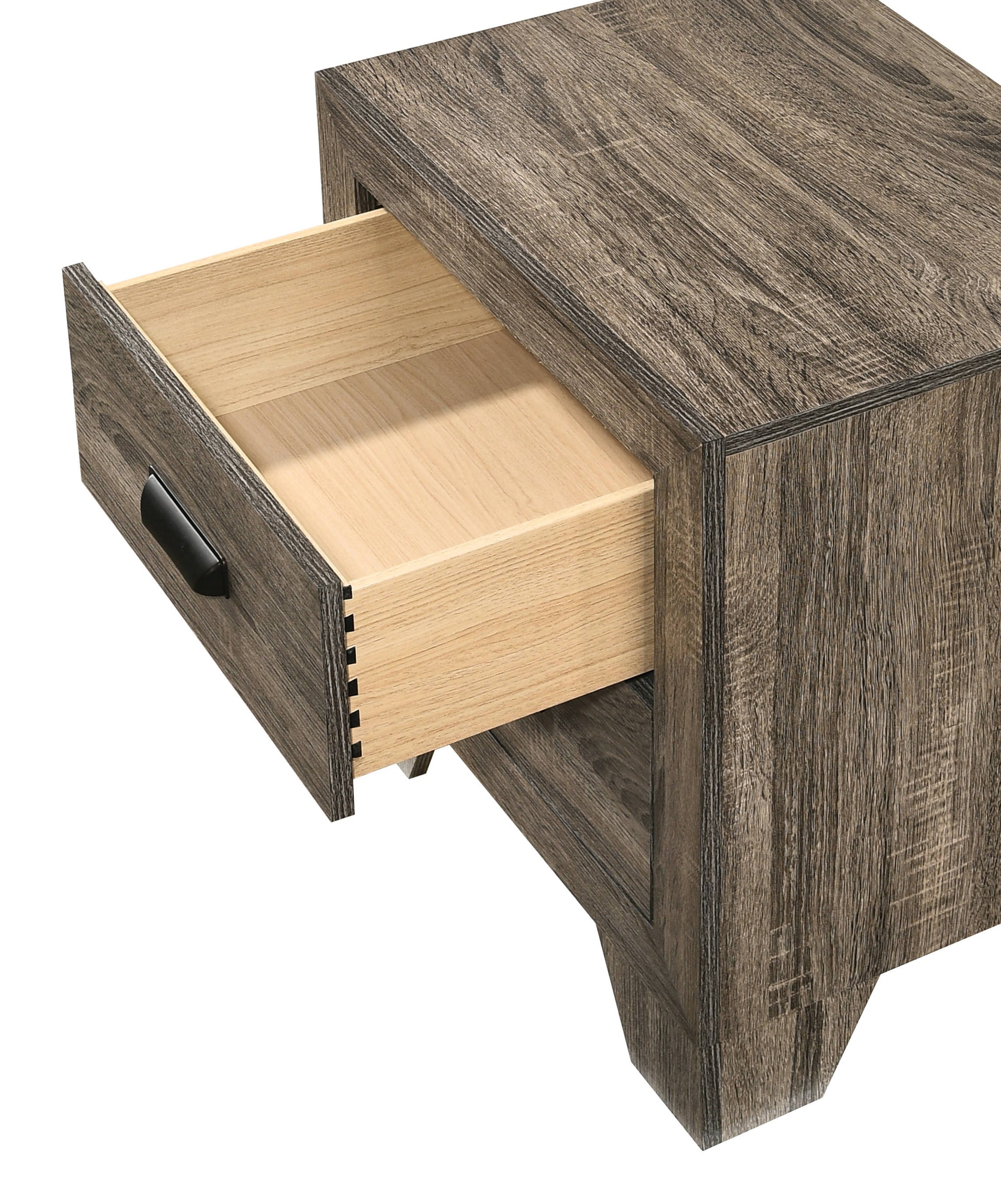 Rustic brown wood veneer nightstand with open drawer and black handle
