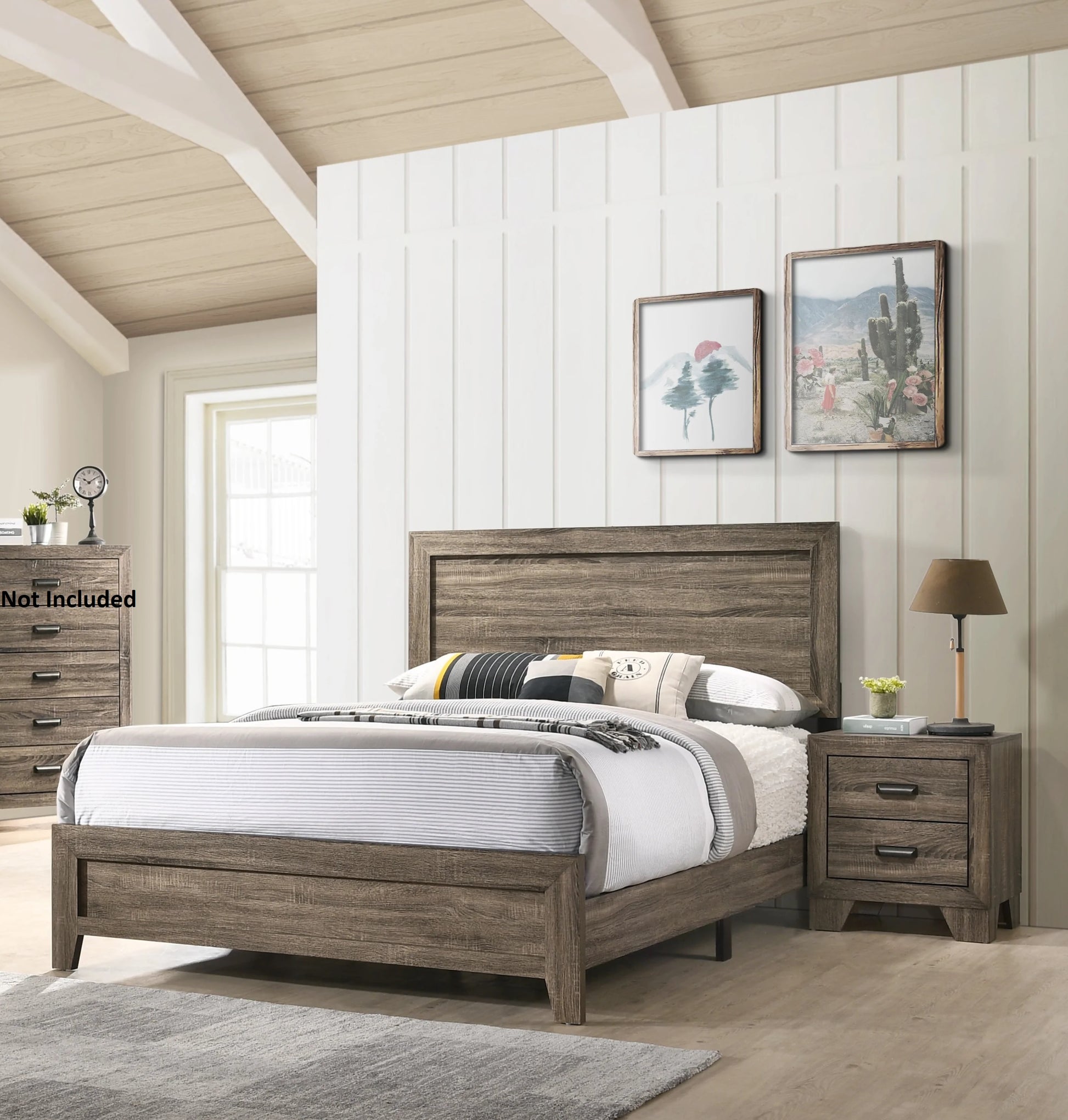Rustic wood king size bed with textured headboard and matching nightstand