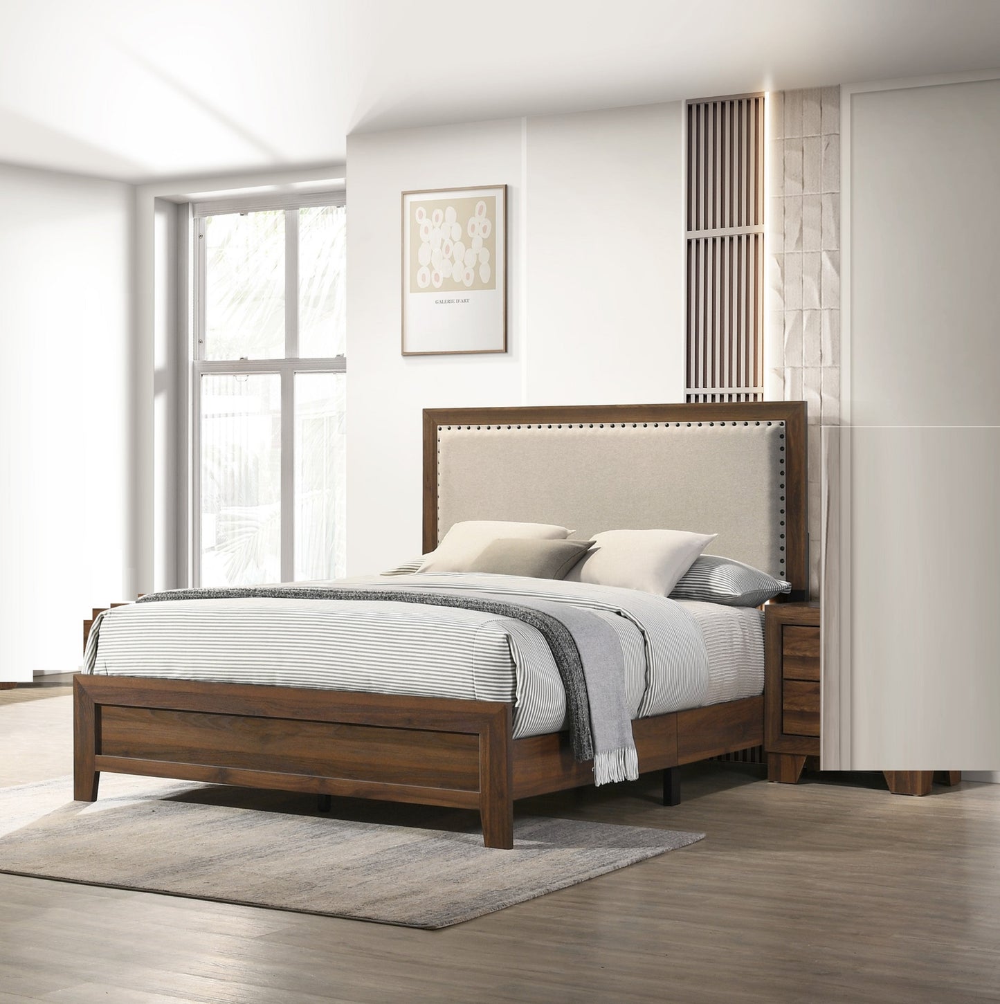 Upholstered headboard bed frame with dark wood finish and neutral linens
