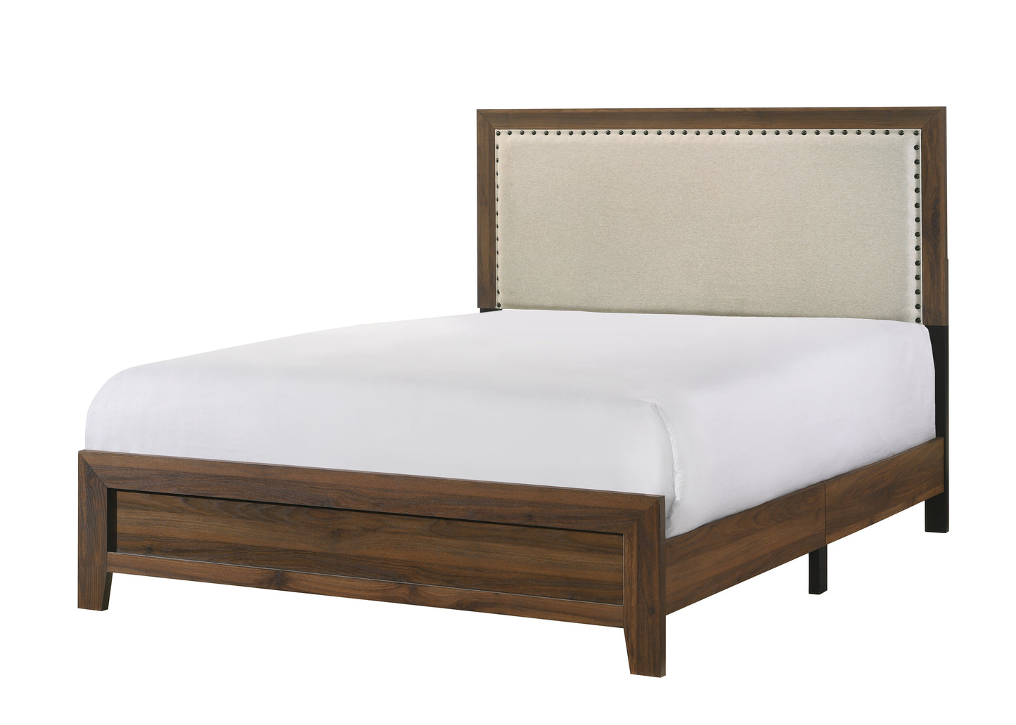 Modern walnut wood platform bed with upholstered beige headboard
