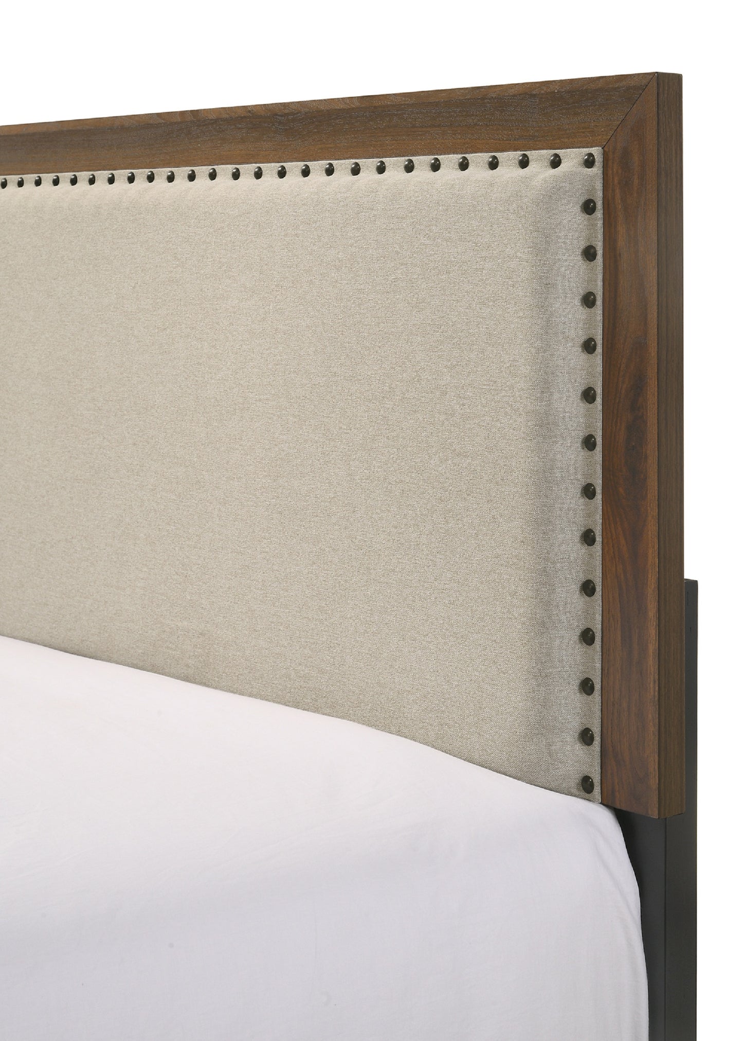 Upholstered headboard with nailhead trim and walnut wood frame