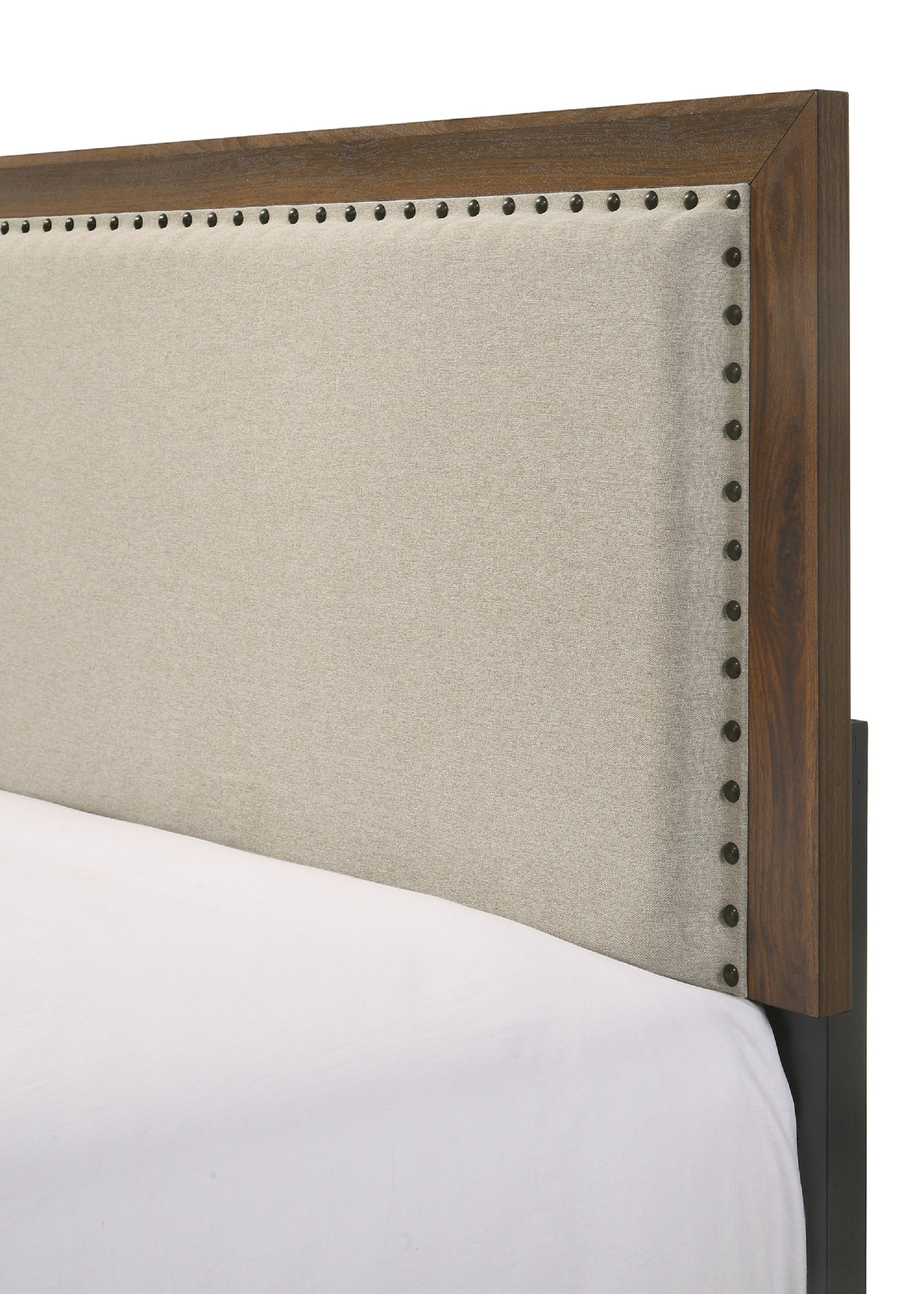 Upholstered headboard with nailhead trim and walnut wood frame