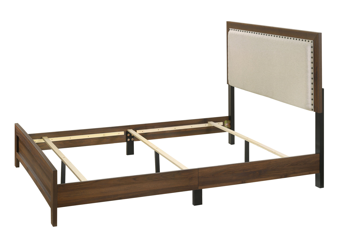 Modern wood bed frame with upholstered headboard and nailhead trim