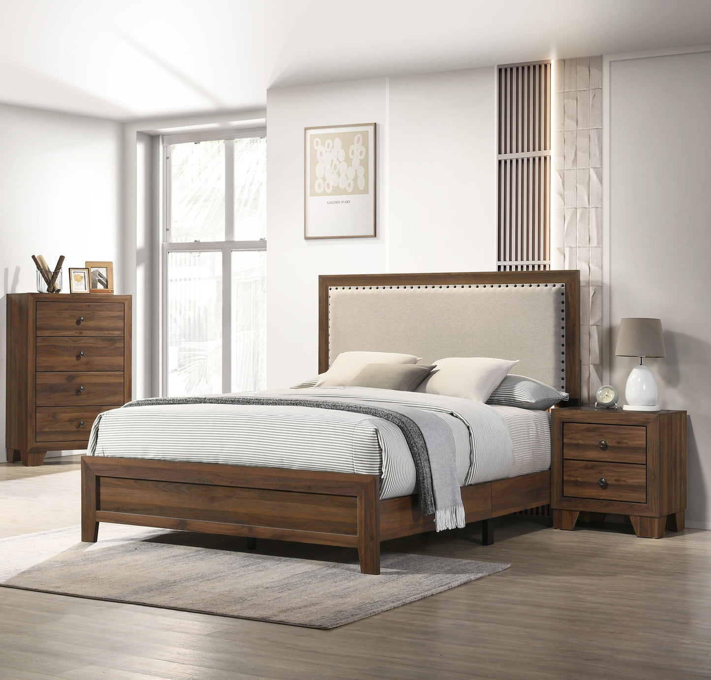 Brown wood platform bed with upholstered headboard