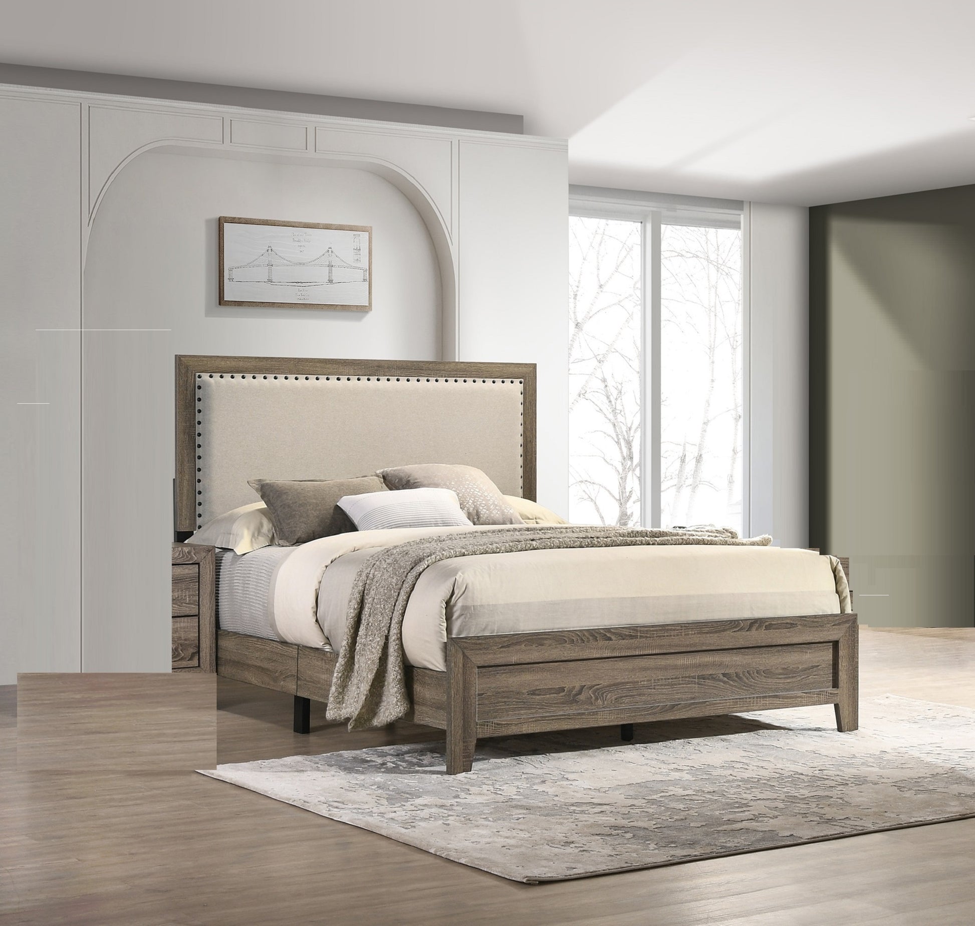 Rustic wood frame bed with neutral upholstered headboard and nailhead trim