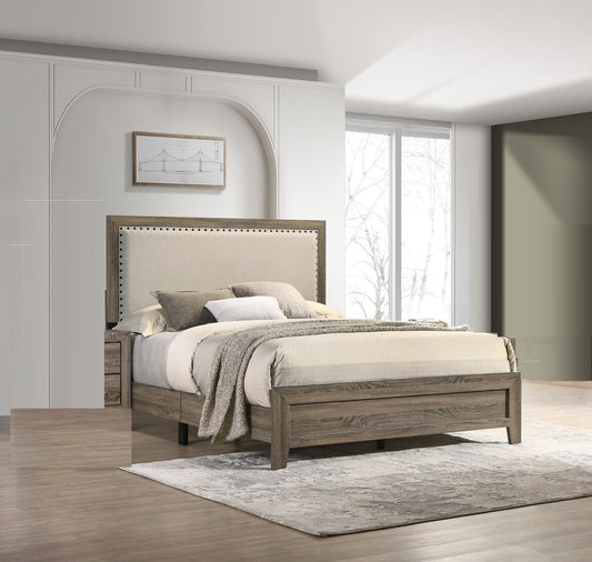 Rustic wood frame bed with neutral upholstered headboard and nailhead trim