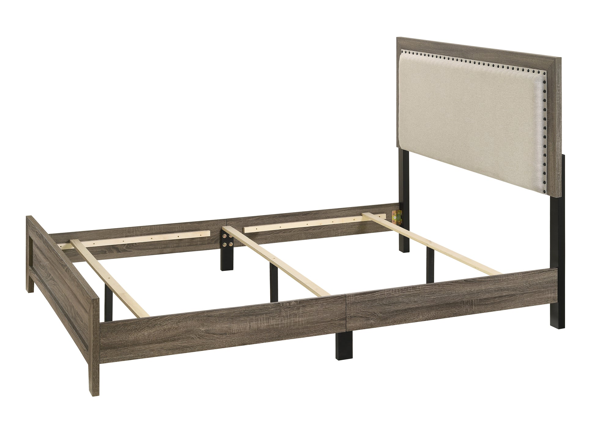 Tufted beige upholstered headboard on a grey wood grain bed frame