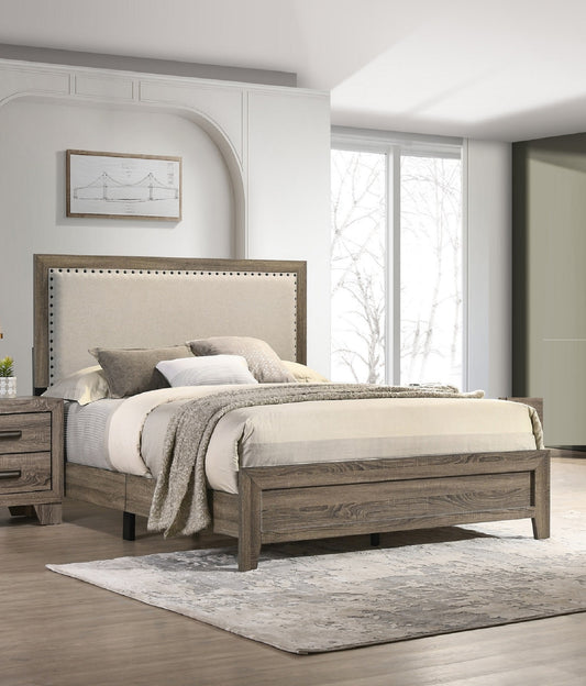 Tufted beige upholstered headboard on a rustic wood platform bed