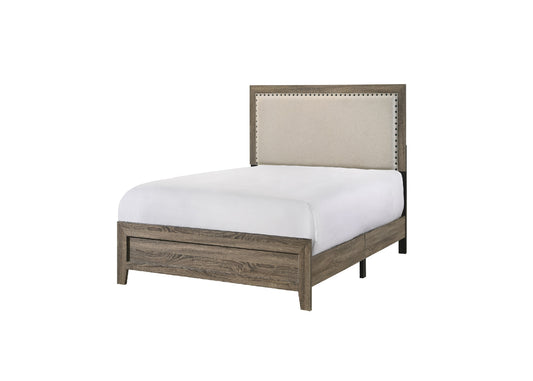Rustic wood frame bed with upholstered beige headboard and studded trim