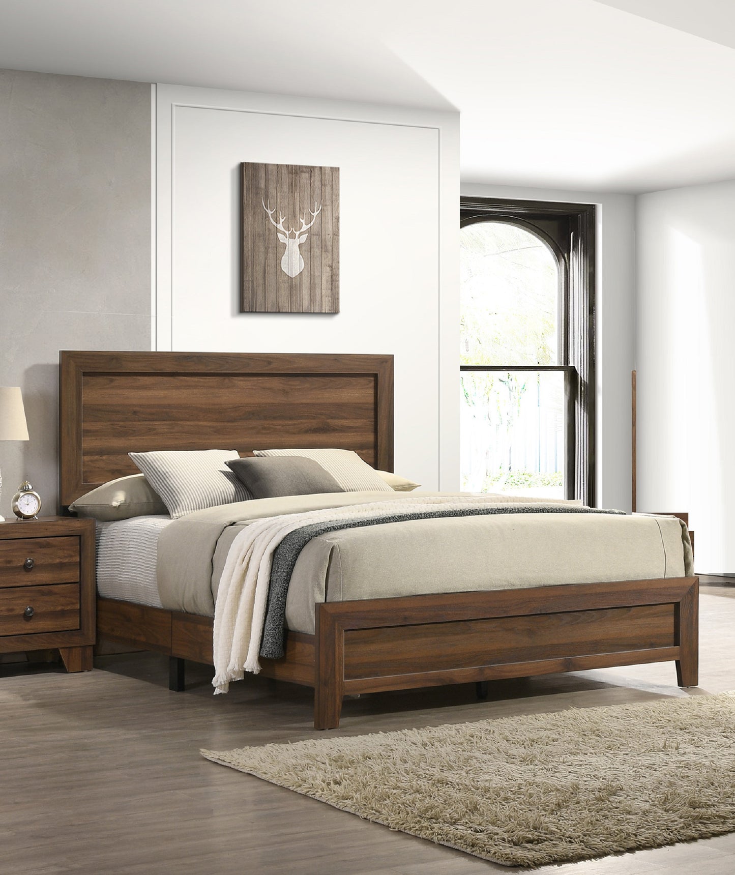 Modern walnut wood queen bed frame with a sleek minimalist design perfect for contemporary bedrooms