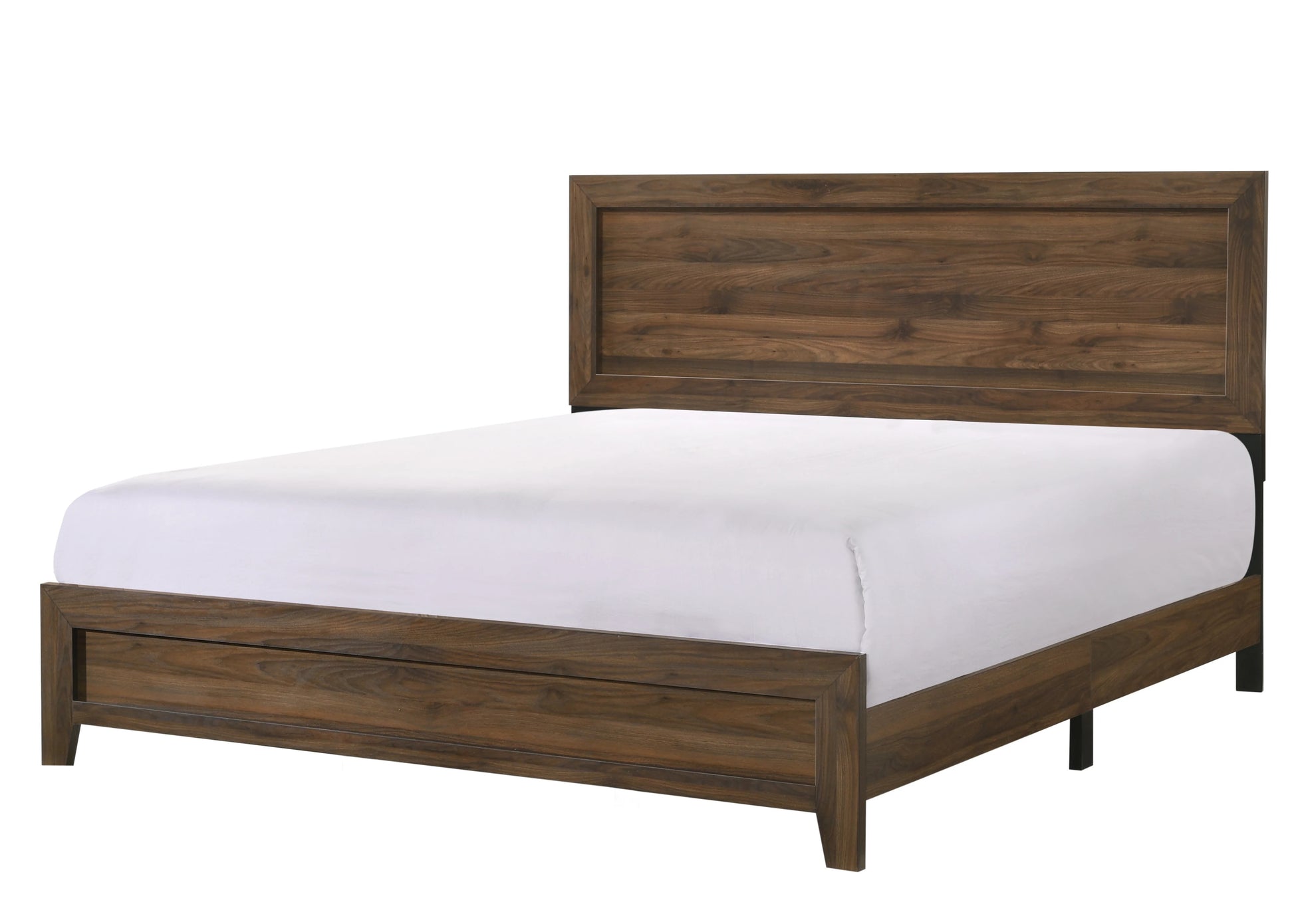 Dark walnut wood platform bed with white mattress and headboard