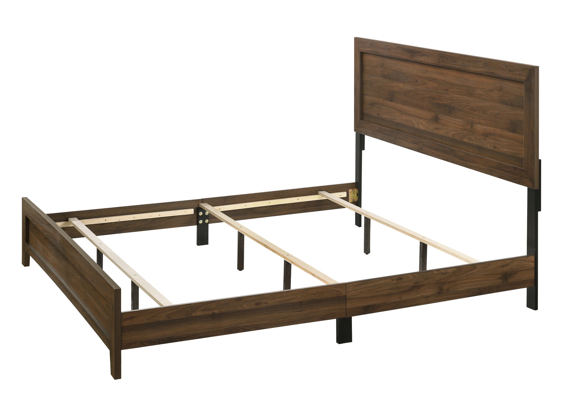 Dark wood queen platform bed frame with slatted support system and modern headboard