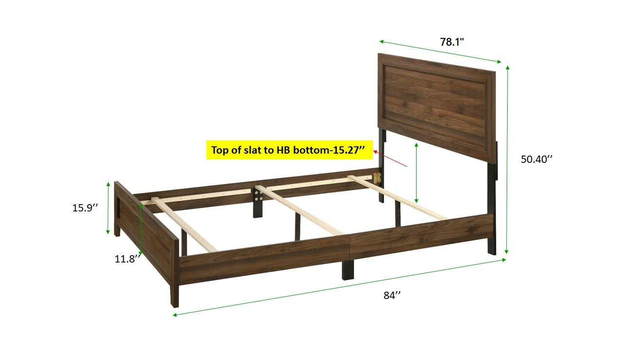 Dark brown wood grain bed frame with slatted support