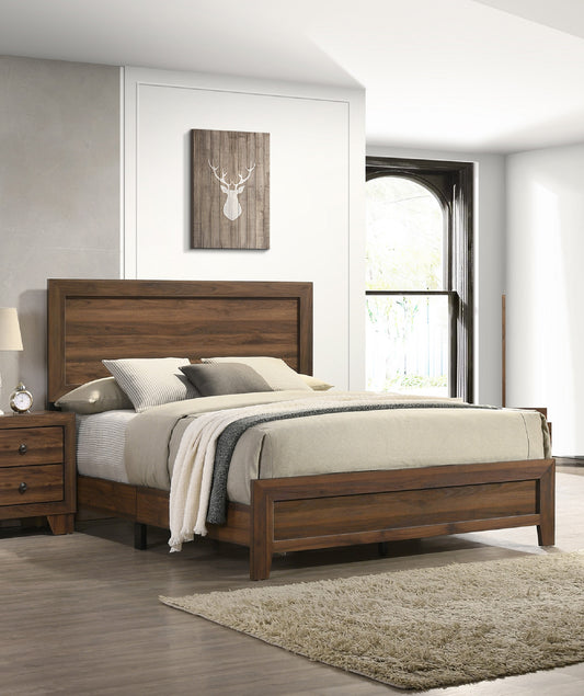 Modern walnut wood bed frame with clean lines and plush bedding
