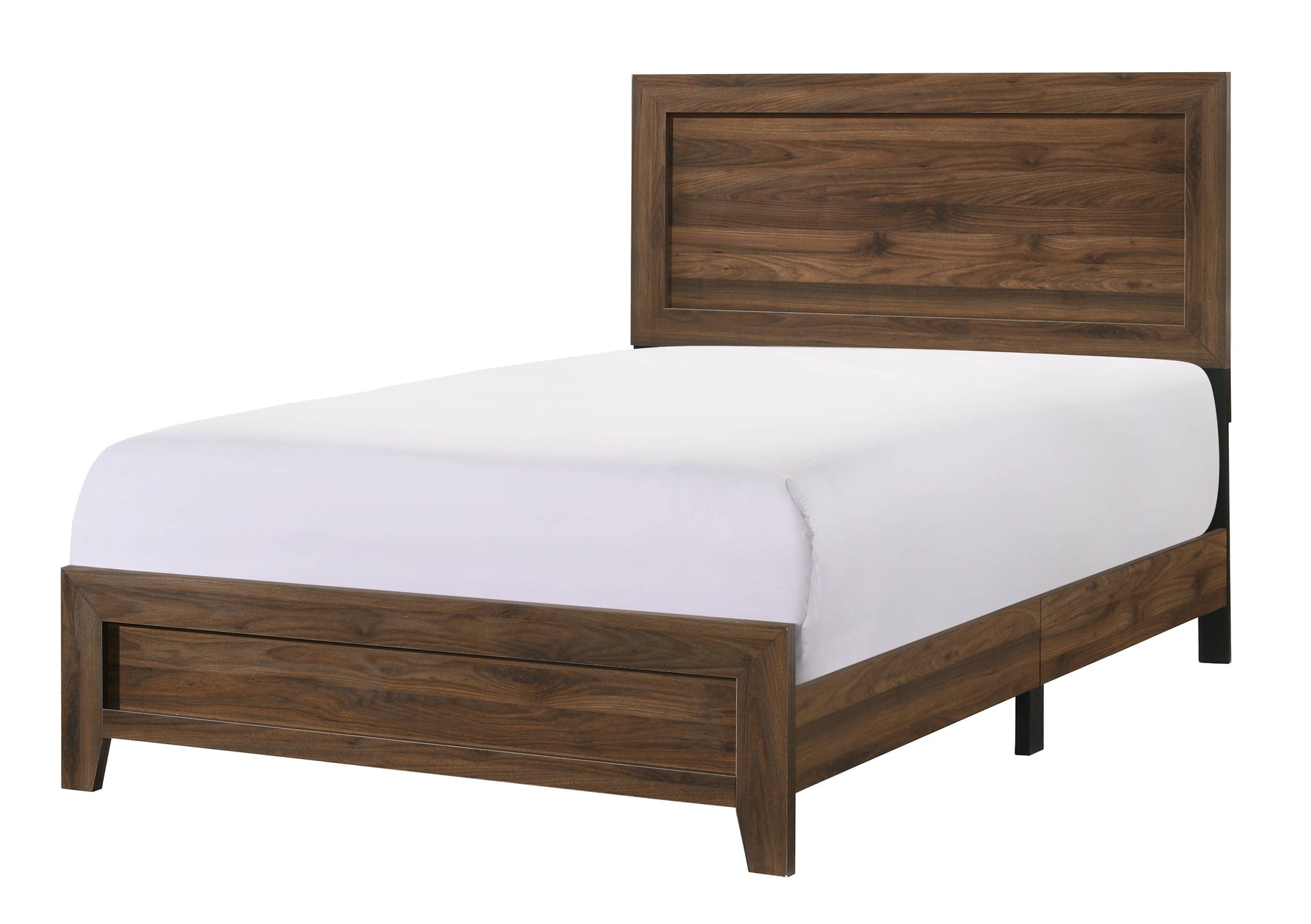 Modern wooden platform bed with rich walnut finish and white mattress queen size
