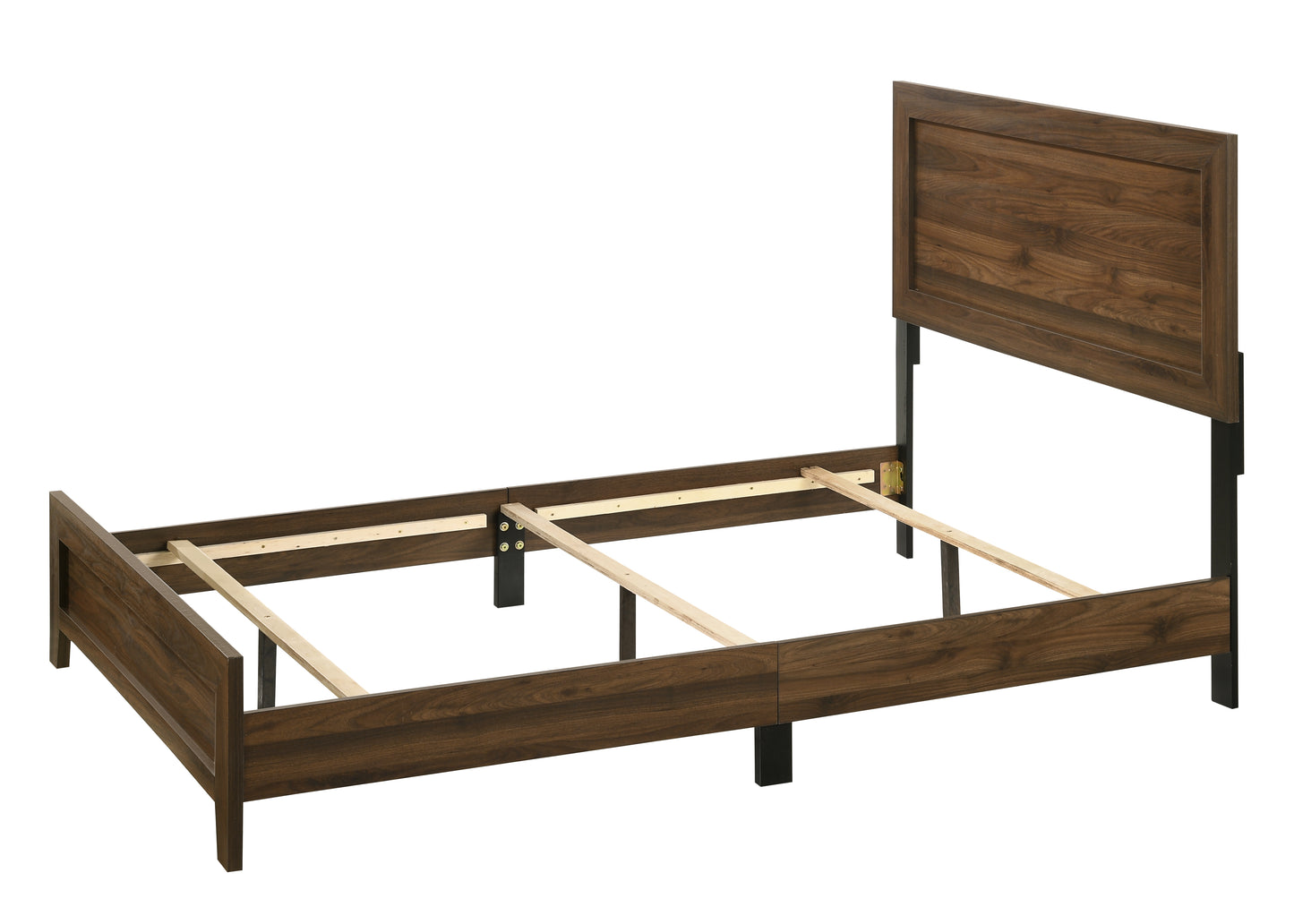 Dark walnut wood bed frame with minimalist headboard and metal supports