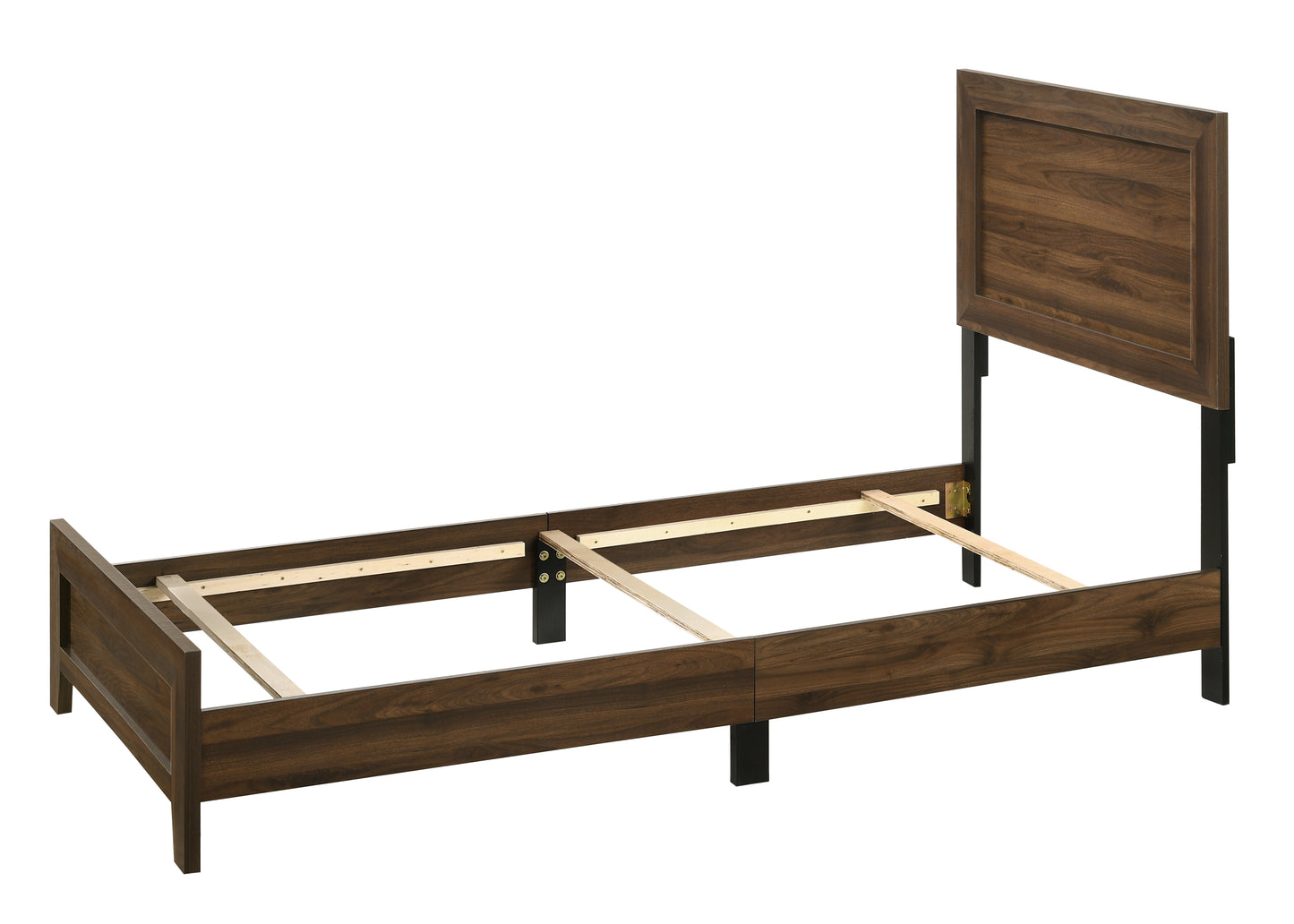 Dark walnut wood twin bed frame with modern headboard and slats
