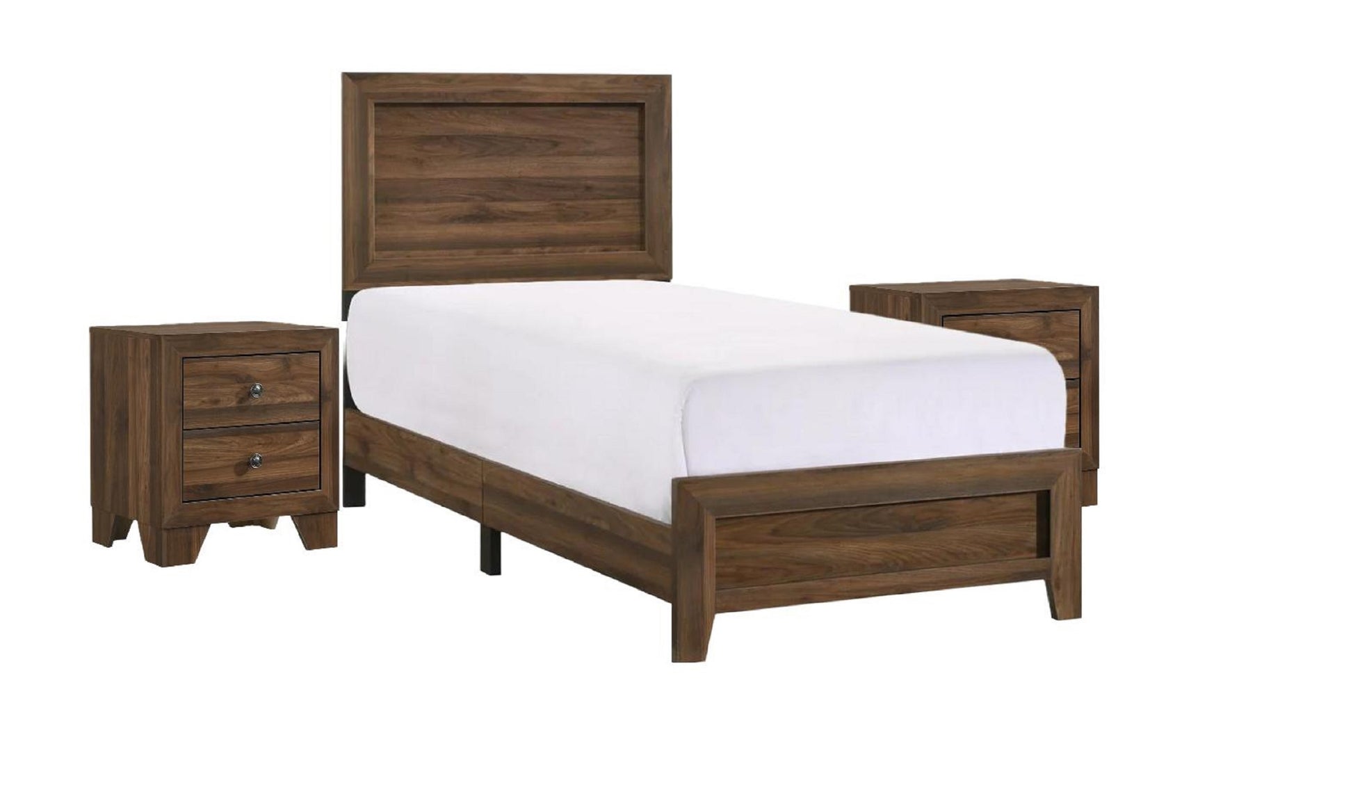 Dark wood twin bed frame with matching nightstands