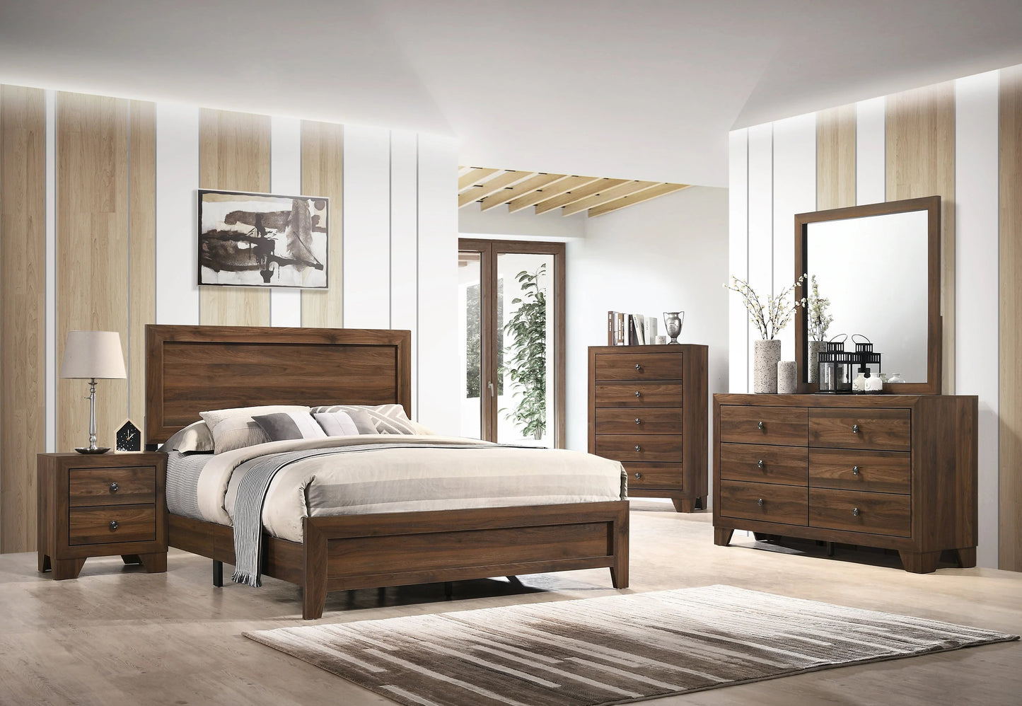 Dark wood queen bed frame with upholstered headboard