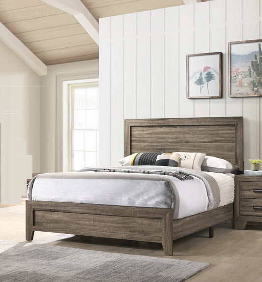 Rustic brown wood bed frame with striped bedding and pillows