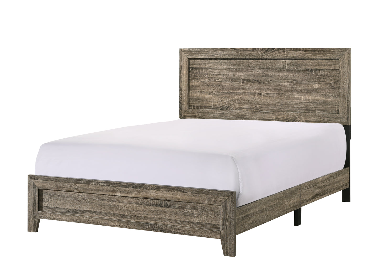 Rustic oak wood panel bed frame with white bedding