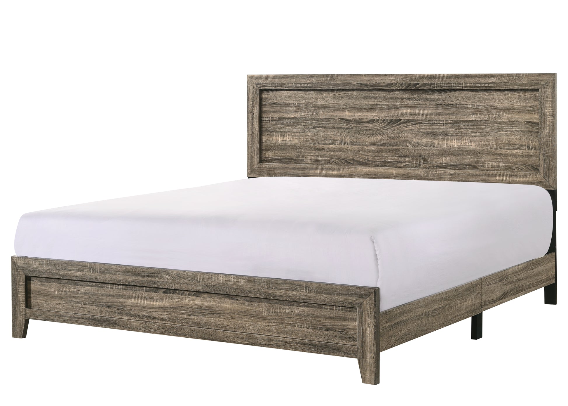 Rustic oak wood king size bed frame with white mattress