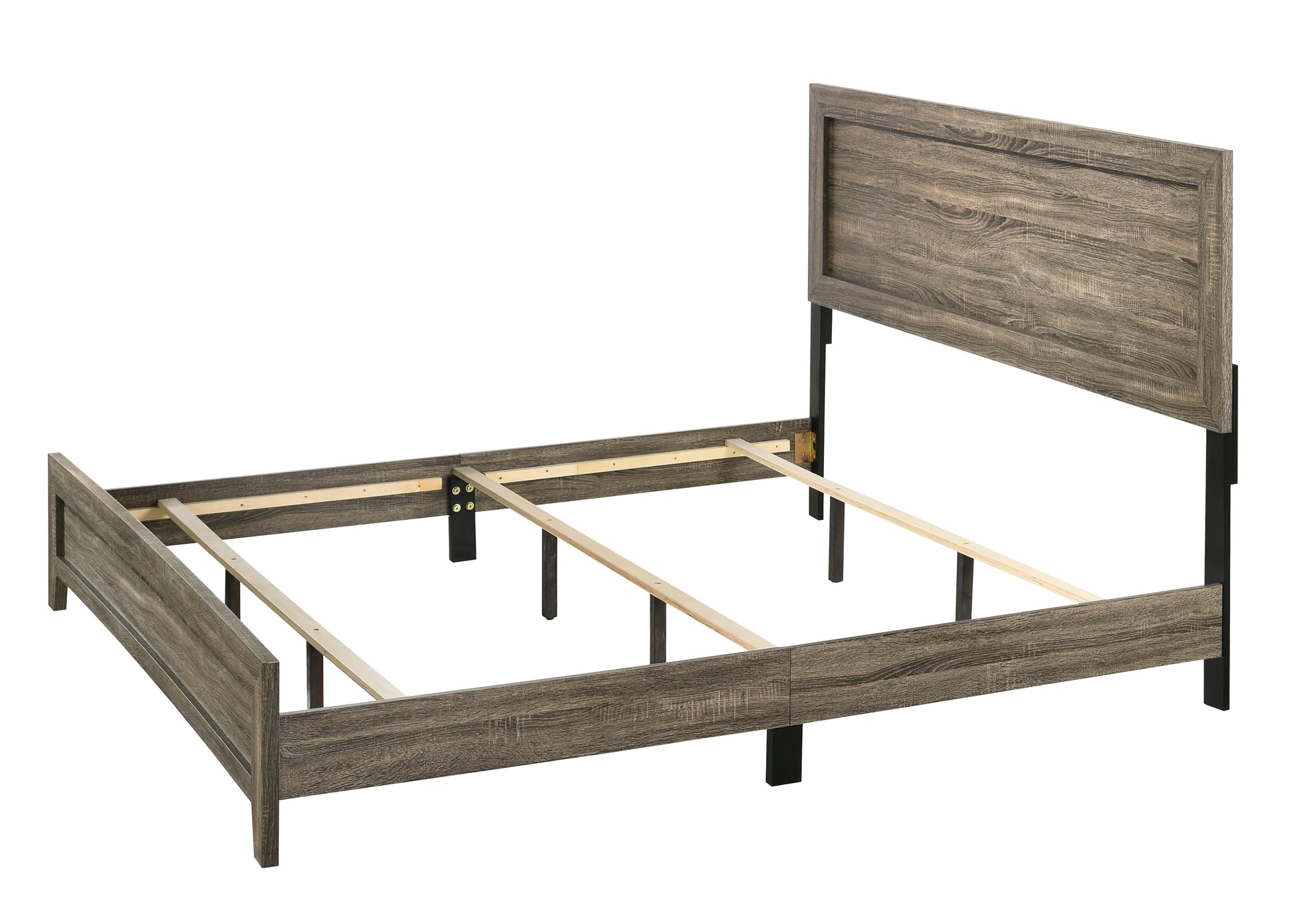 Rustic grey wood panel bed frame with black metal legs