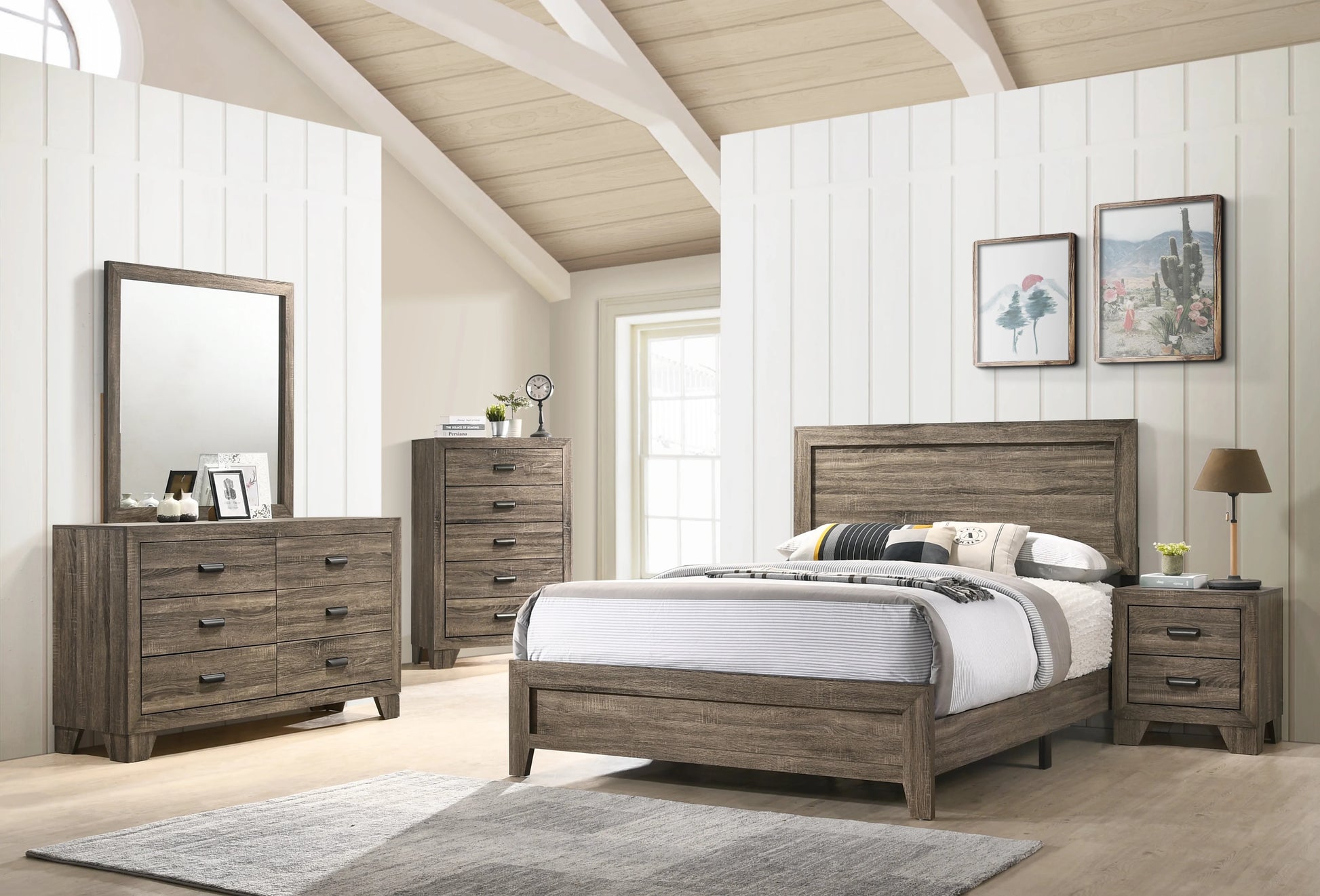 Rustic brown wood bed frame with paneled headboard and striped bedding