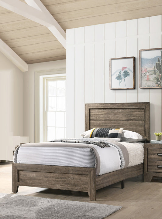 Rustic wood twin bed frame with a distressed grey finish and clean lines for a modern farmhouse bedroom