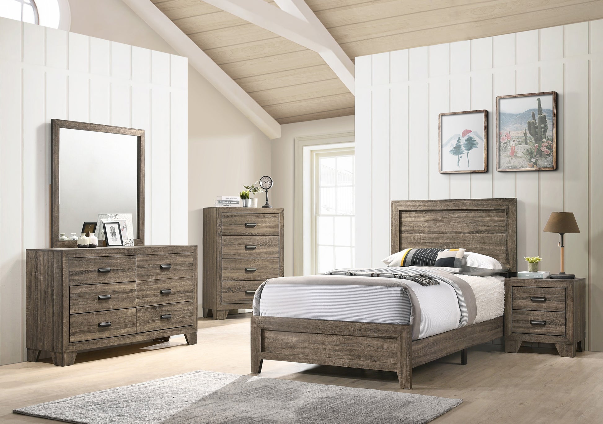 Rustic brown wooden queen bed frame with upholstered headboard
