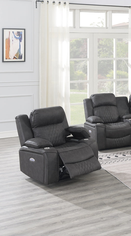 Dark gray fabric recliner chair with diamond tufted backrest and builtin cup holders