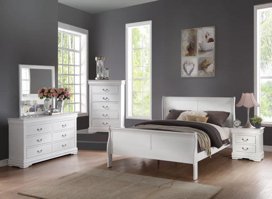 White sleigh bed with plush bedding in a modern bedroom