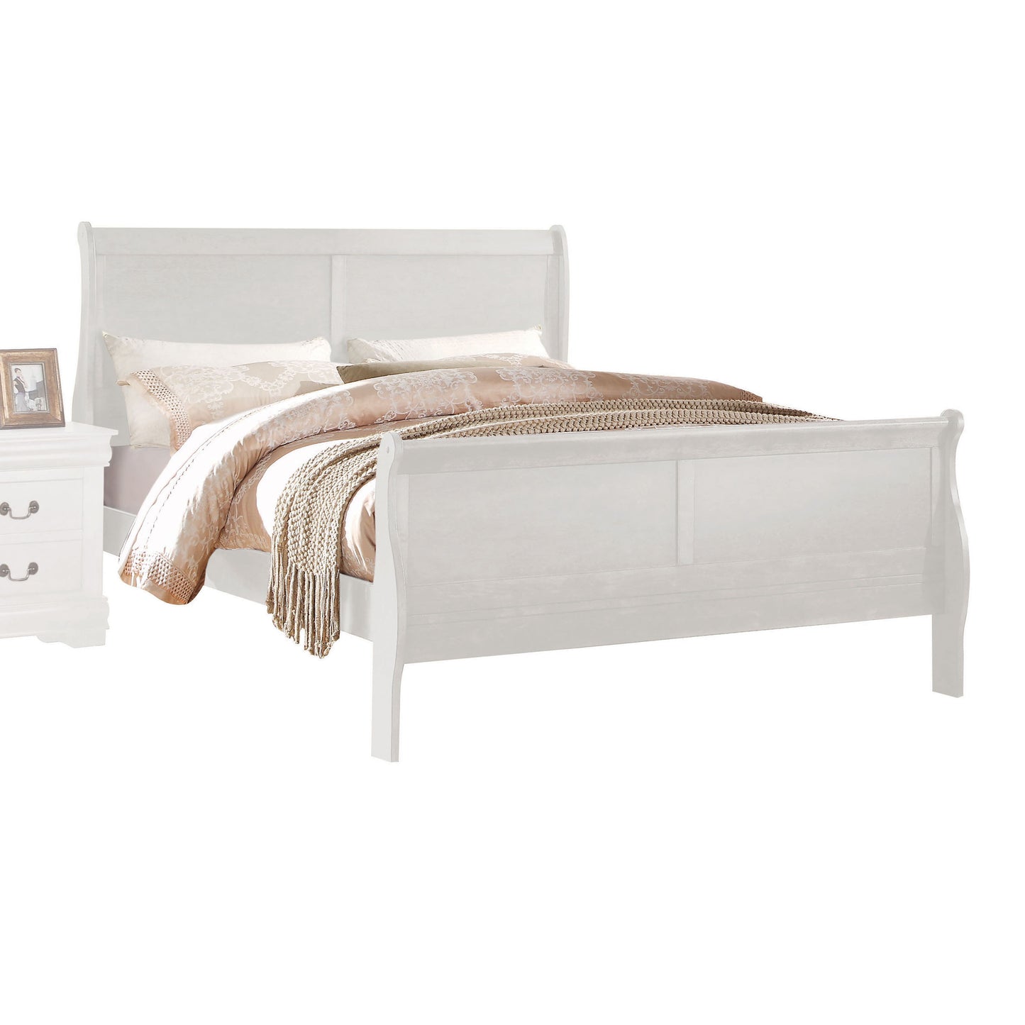 White wooden sleigh bed with plush bedding and decorative throw