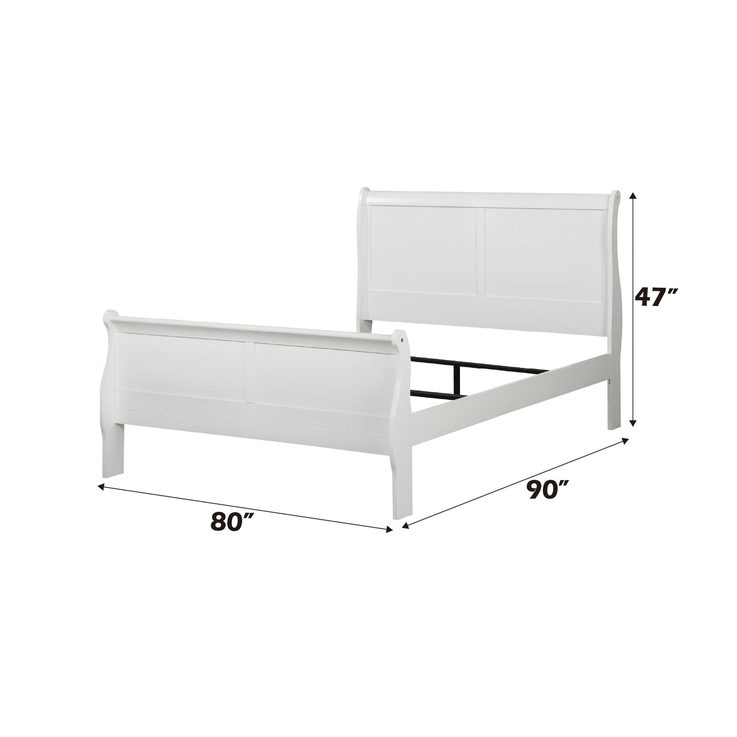 White wooden sleigh bed frame with curved headboard and footboard