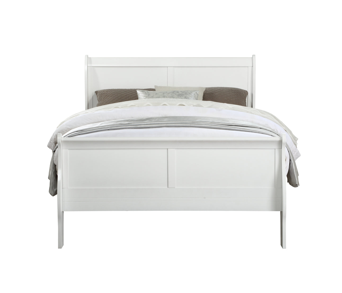 Modern white sleigh bed with upholstered headboard and footboard