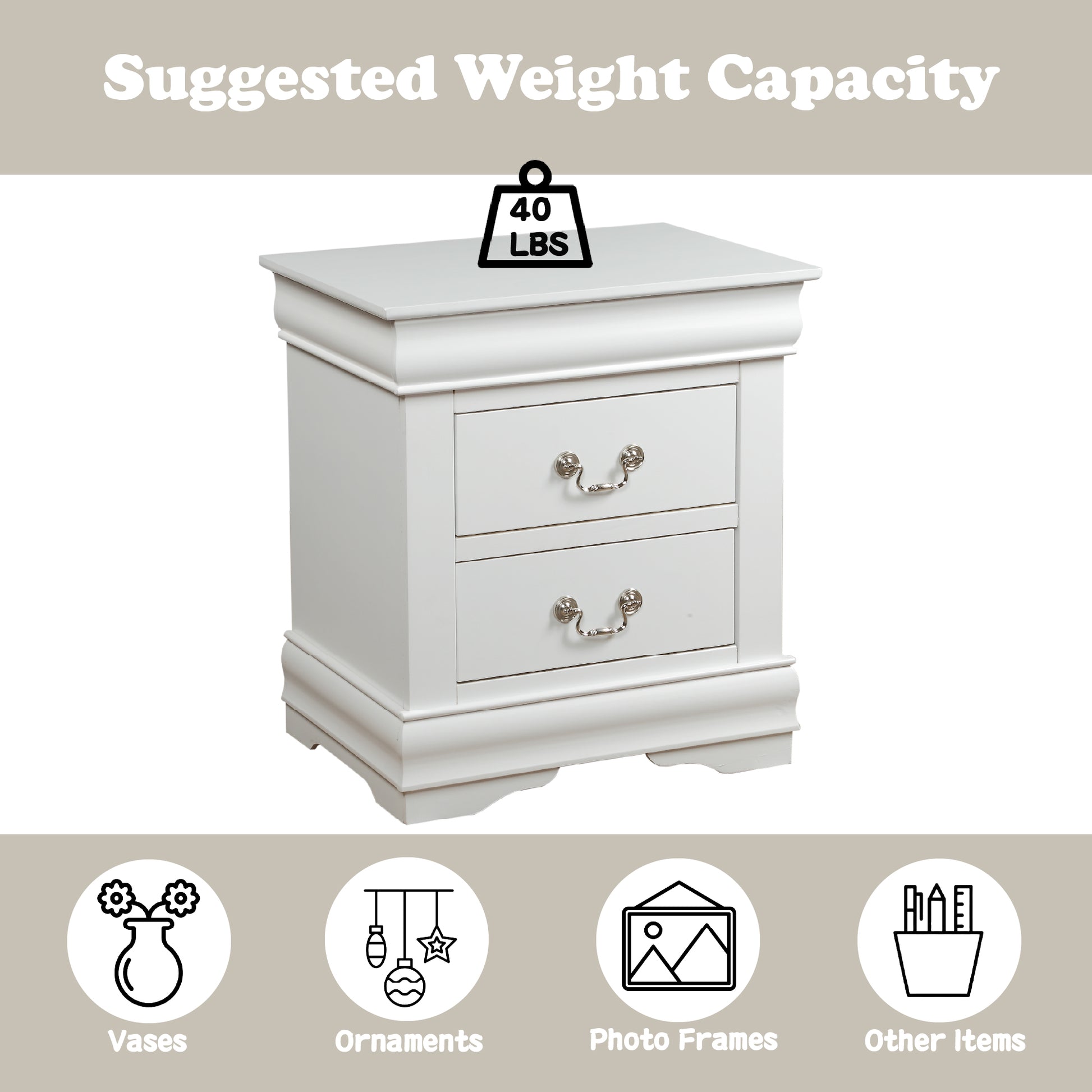 White twodrawer nightstand with ornate silver pulls and curved base