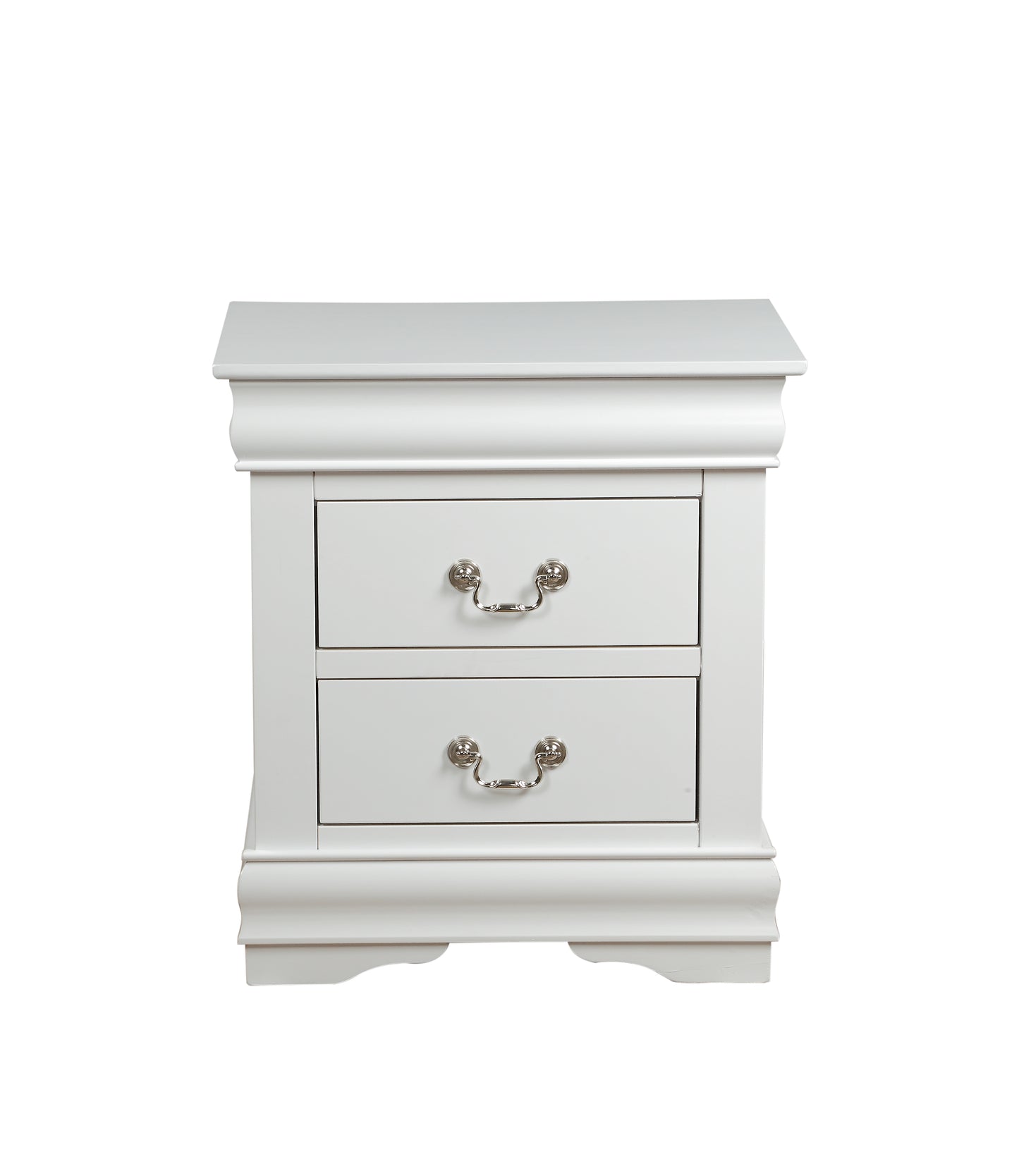 Classic white twodrawer nightstand with ornate silver hardware