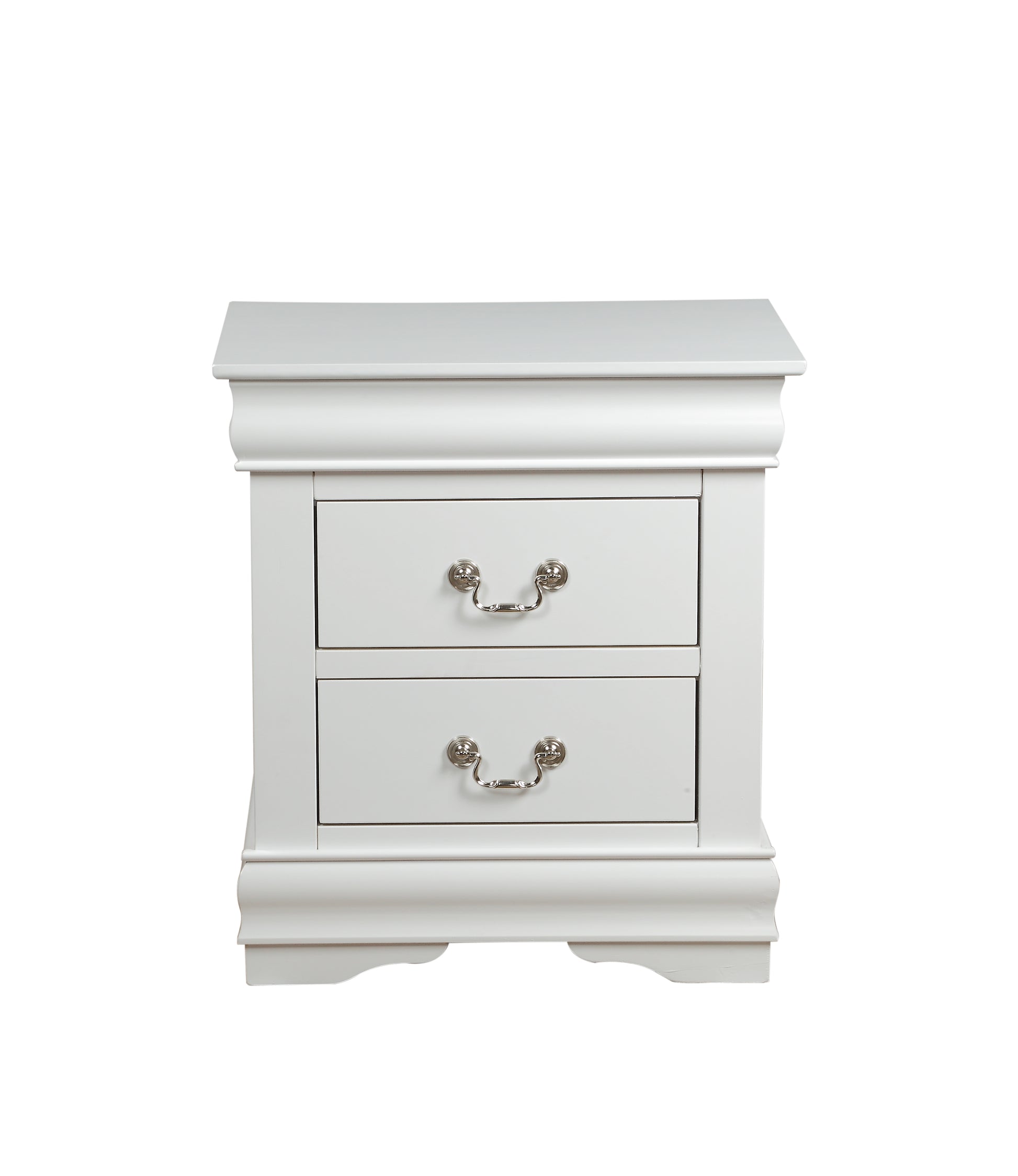 Classic white twodrawer nightstand with ornate silver hardware