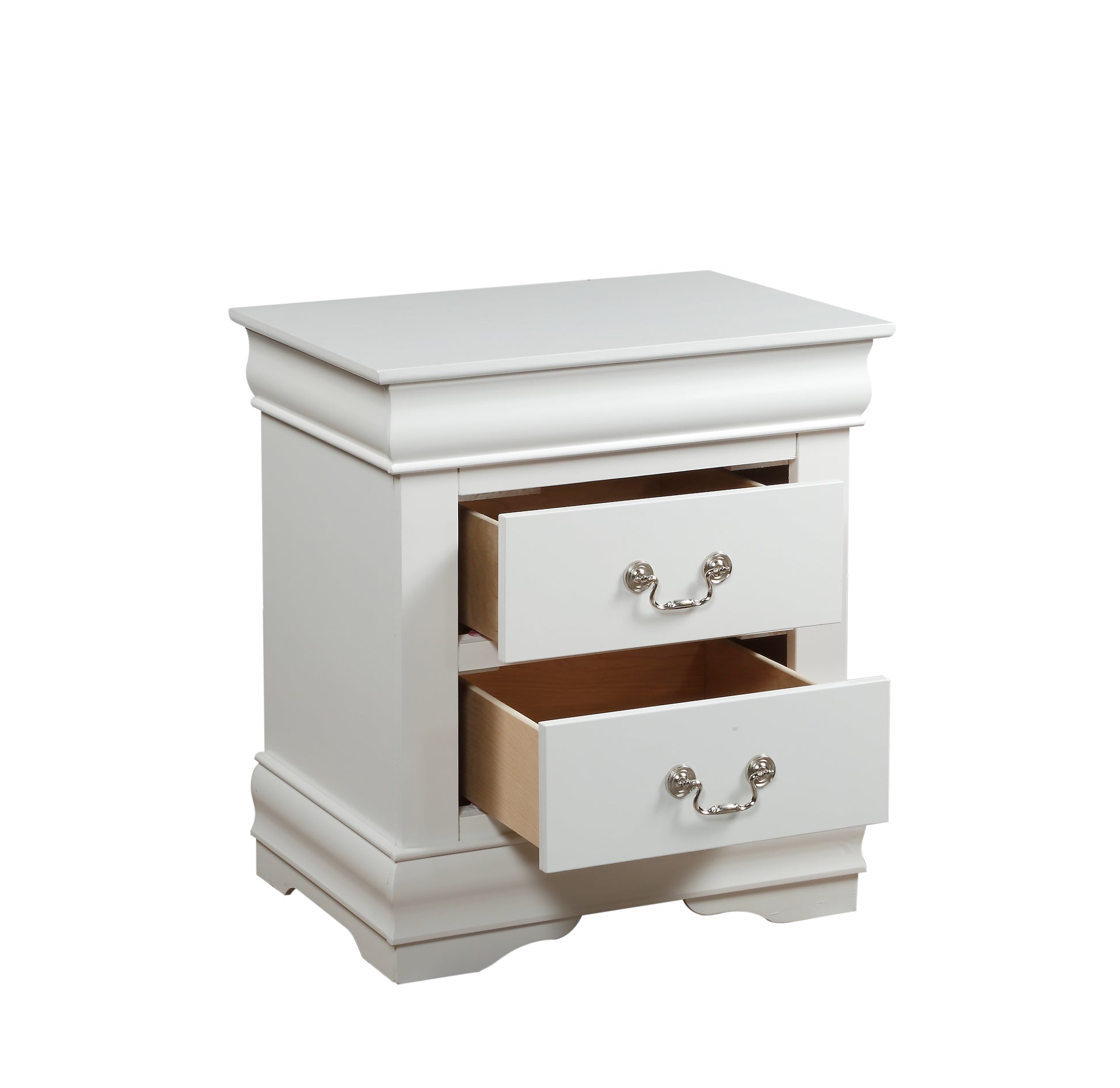 White drawer nightstand with silver hardware and decorative molding