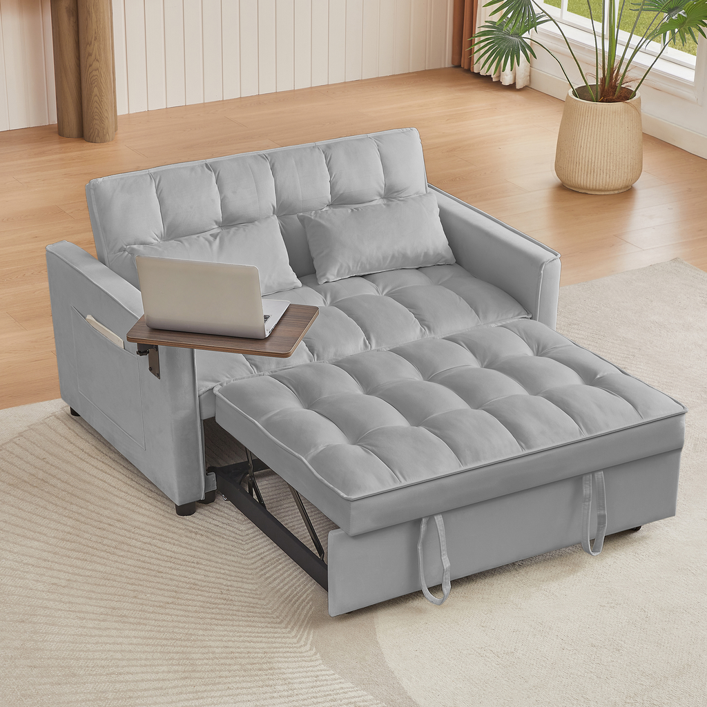 Convertible sleeper sofa in light gray velvet with a pullout bed mechanism