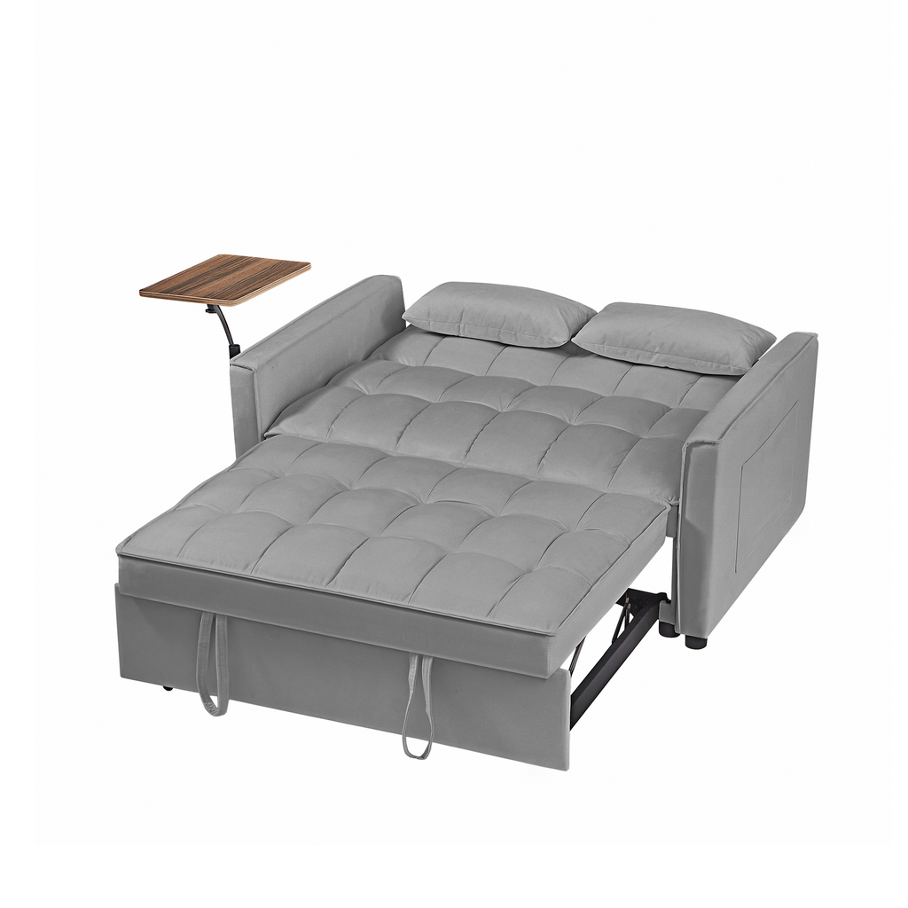 Gray velvet sofa bed with adjustable side table and tufted cushions for modern living
