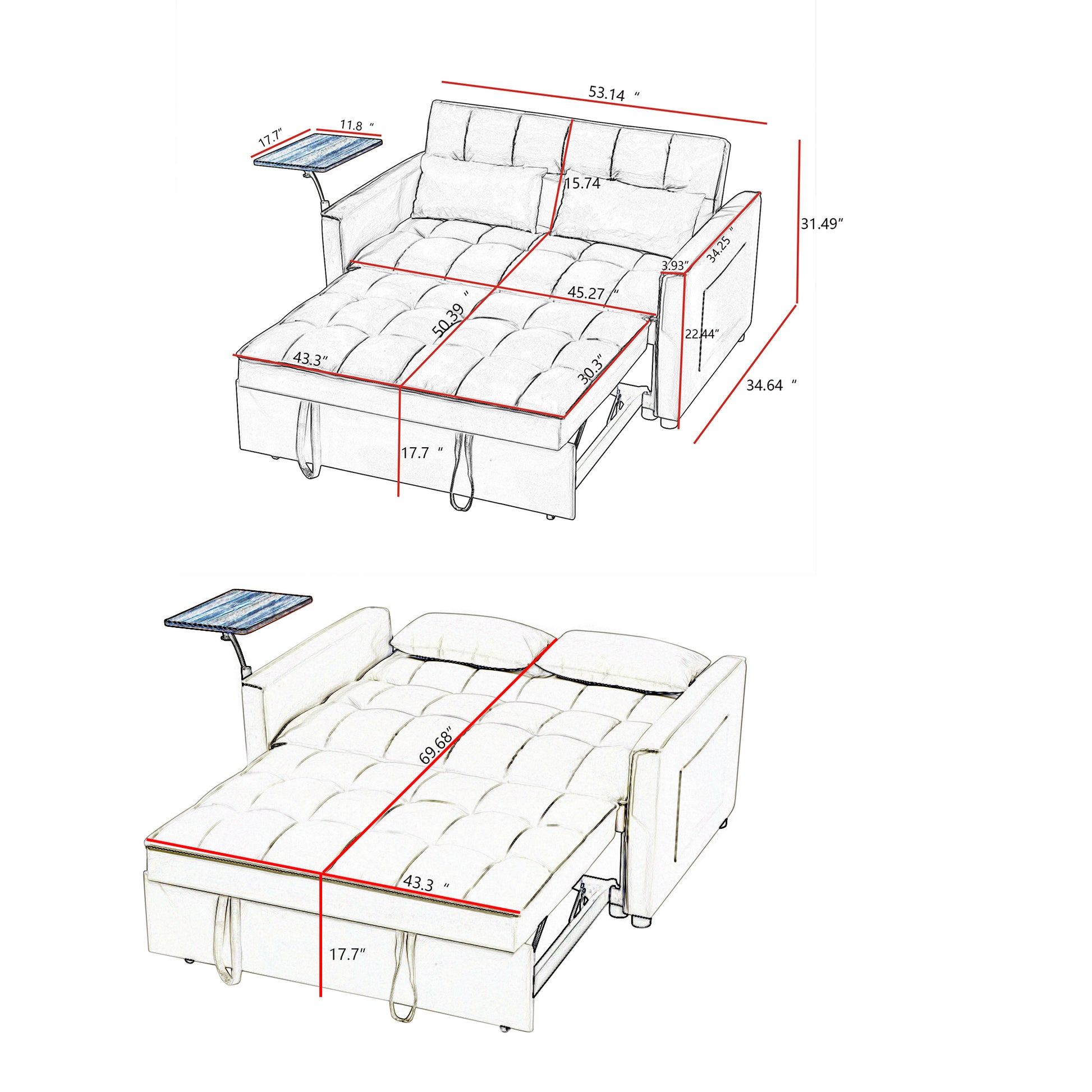 Compact sofa bed with integrated tray and dimensions for small spaces