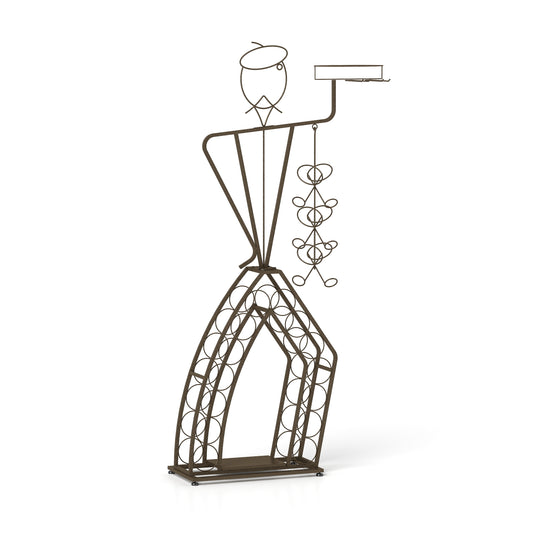 Bronze metal wine rack shaped like a waiter holding a tray